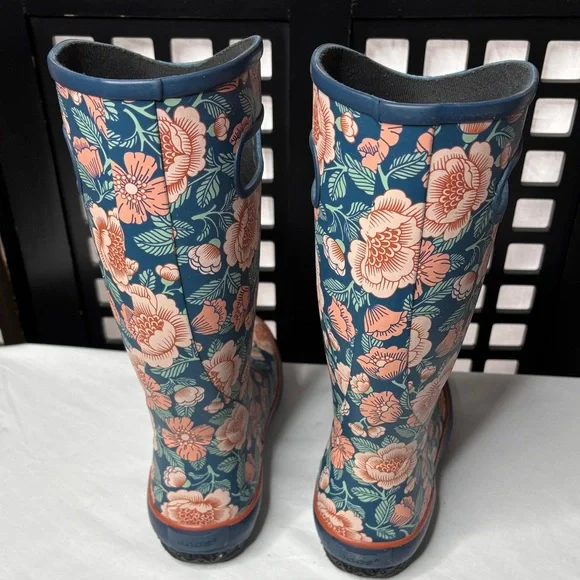 Bogs Blue & Pink Floral Size 7 Tall  Rain Boots Pull-On NWOT Women’s 💙 - Picture 7 of 12